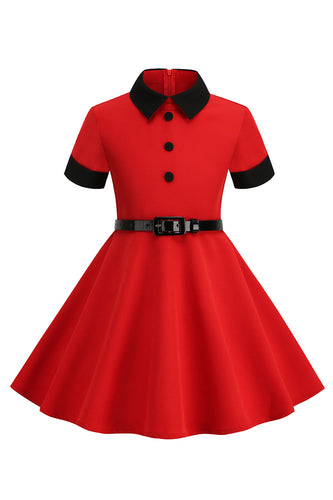 Czerwona Sukienka Vintage Dla Dziewczynki z Krótki Rękaw