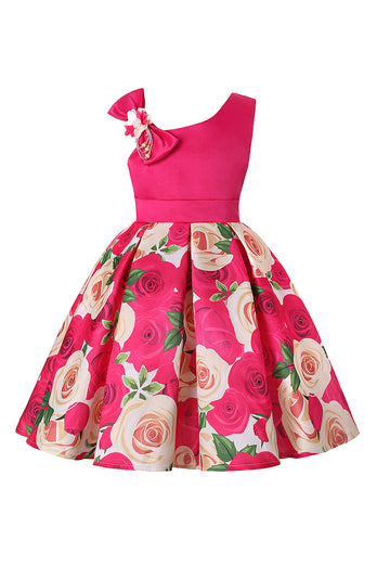Fioletowe Kwiatowy Nadruk Sukienki Dziewczęce z Kokarda
