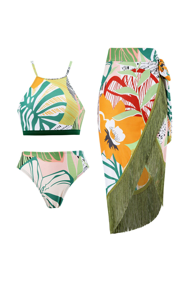 Załaduj obraz do przeglądarki galerii, Dwuczęściowy Zielony Zestaw Bikini Z Nadrukiem Ze Spódnicą Plażową
