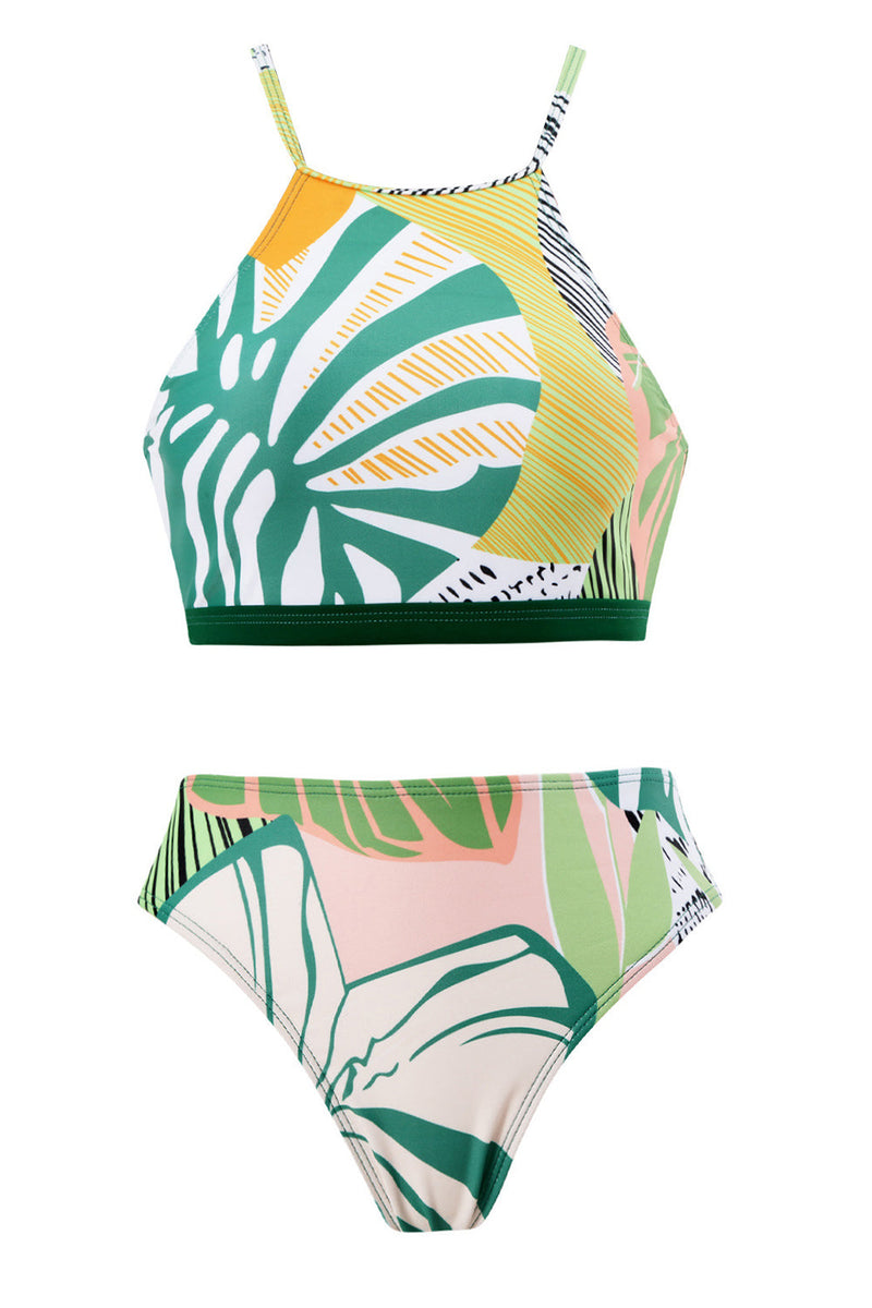 Załaduj obraz do przeglądarki galerii, Dwuczęściowy Zielony Zestaw Bikini Z Nadrukiem Ze Spódnicą Plażową