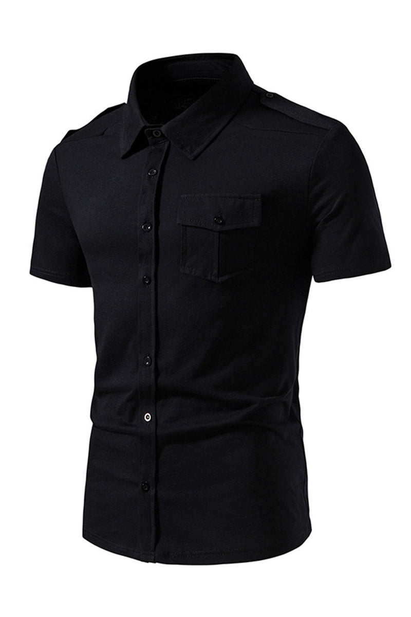 Załaduj obraz do przeglądarki galerii, Czarne bluzki z krótkim rękawem Slim Fit dla mężczyzn