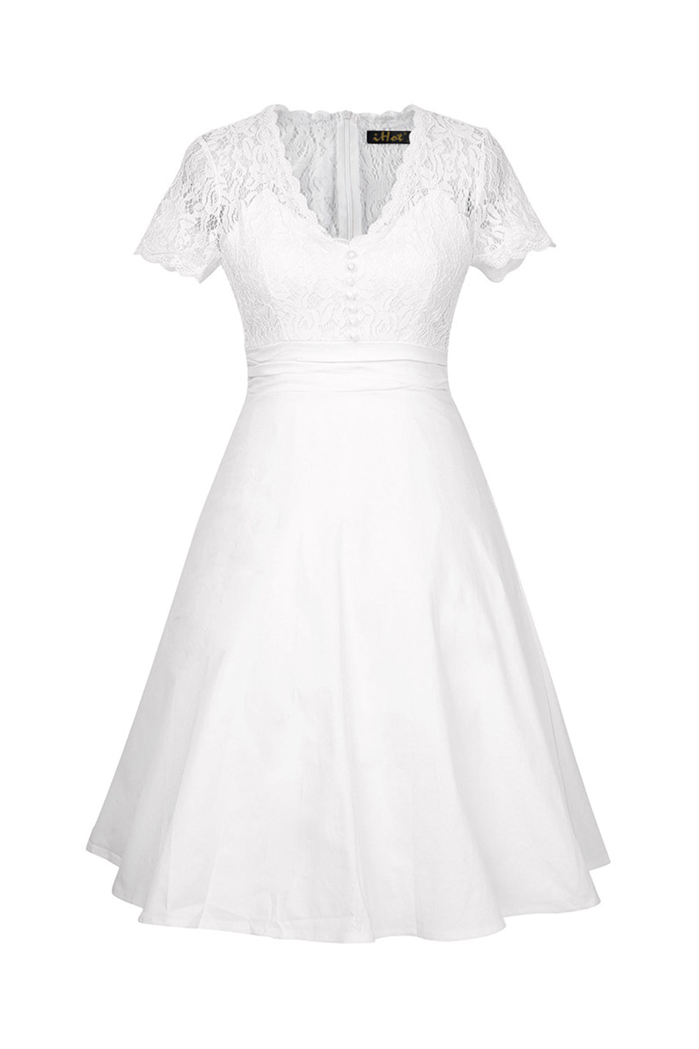 Biała solidna sukienka z dekoltem w serek 1950s z koronką