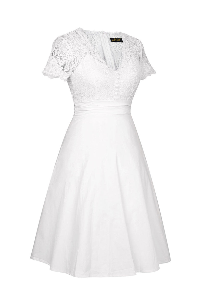 Załaduj obraz do przeglądarki galerii, Biała solidna sukienka z dekoltem w serek 1950s z koronką