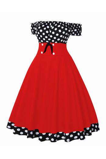 Off the Shoulder Polka Dots 1950s Sukienka