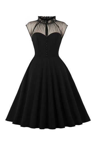 Czarna sukienka A Line Vintage 1950s z guzikami