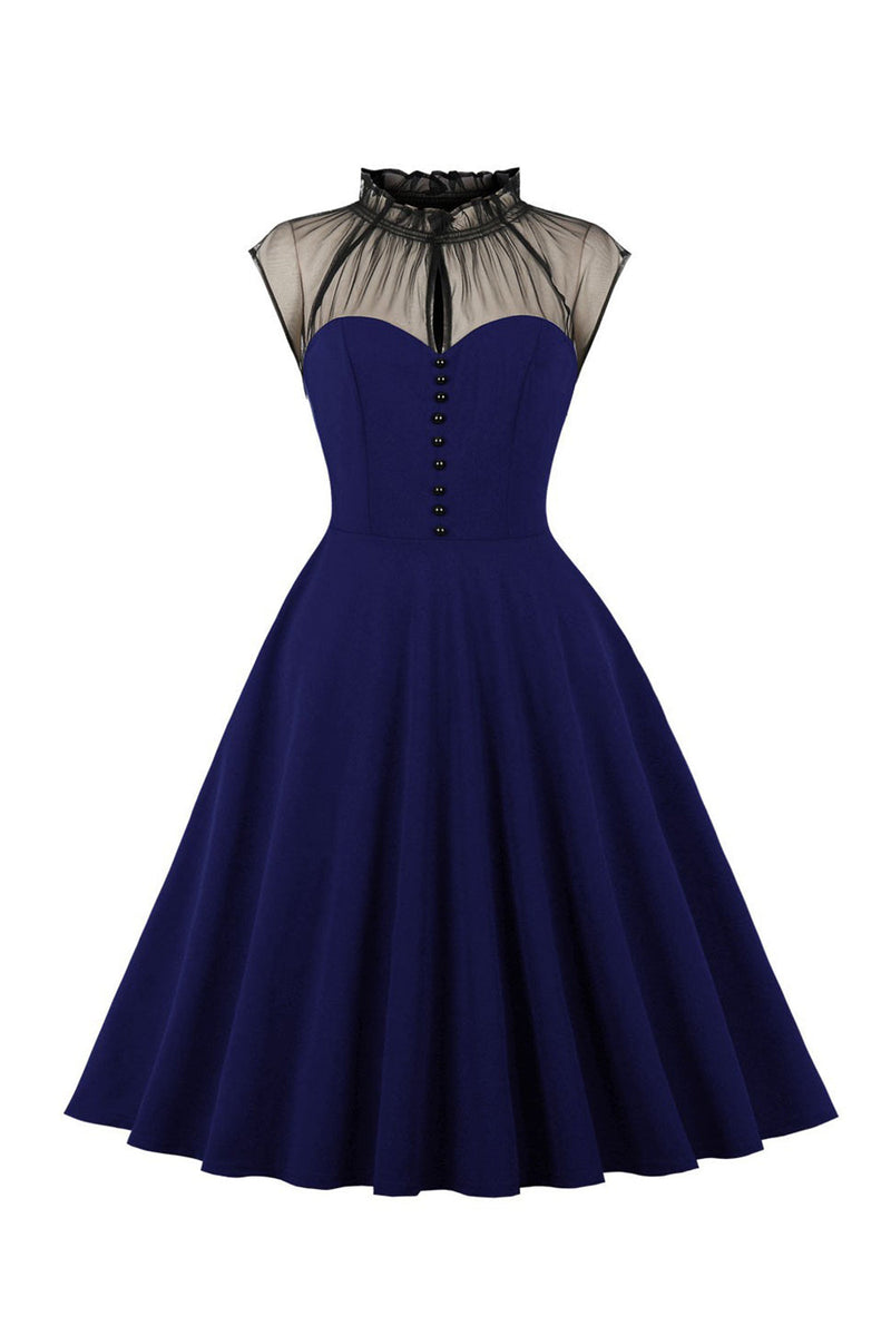 Załaduj obraz do przeglądarki galerii, Czarna sukienka A Line Vintage 1950s z guzikami