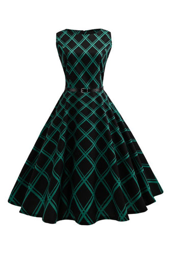 Zielona Sukienki Lata 50 w Kratkę Bez Rękawów