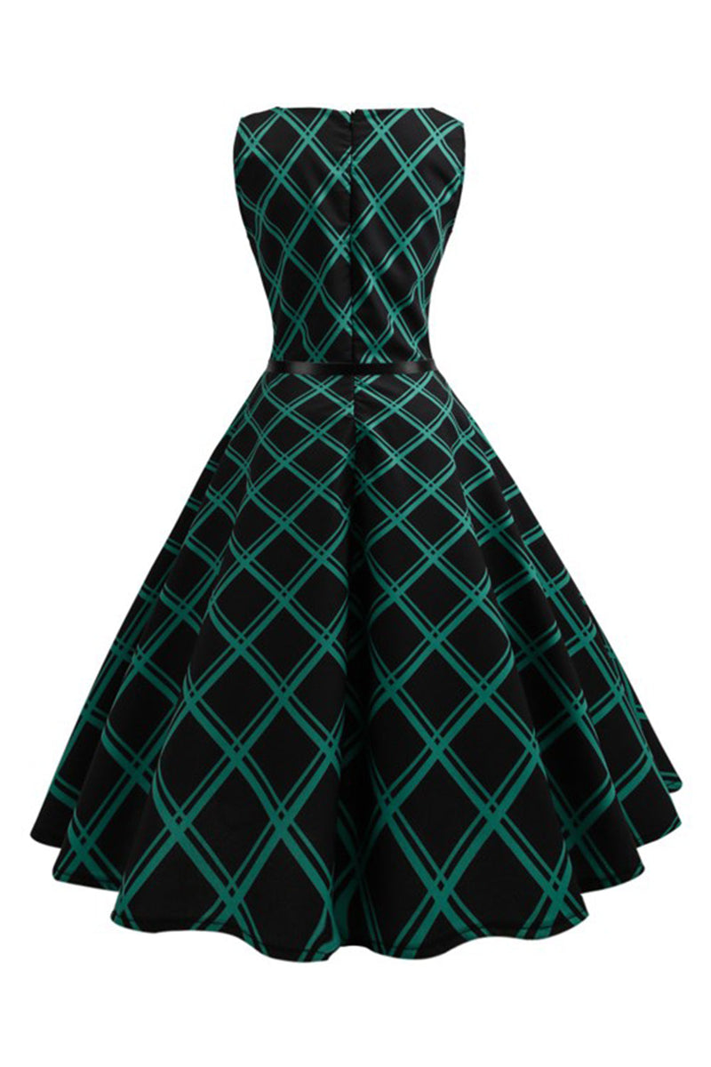Załaduj obraz do przeglądarki galerii, Zielona Sukienki Lata 50 w Kratkę Bez Rękawów
