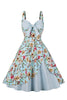 Załaduj obraz do przeglądarki galerii, Cienkich Ramiączkach Niebieska Kwiatowy Nadruk Sukienki Lata 50