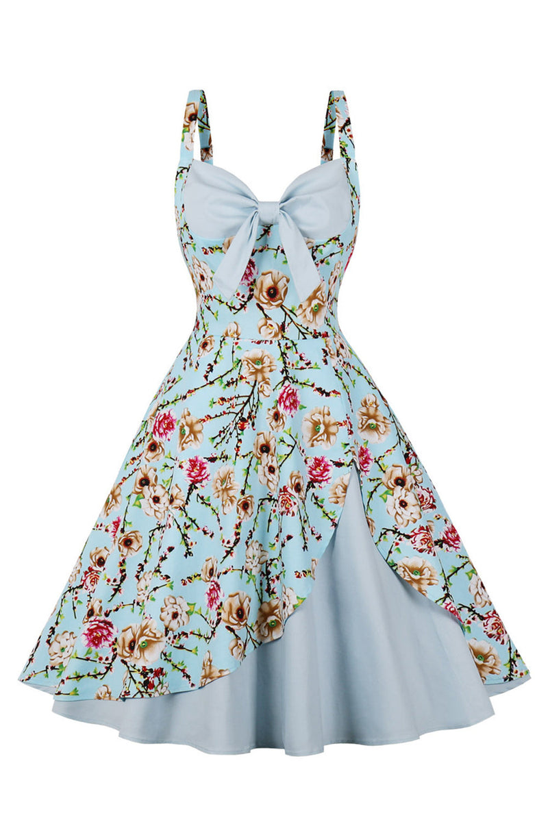 Załaduj obraz do przeglądarki galerii, Cienkich Ramiączkach Niebieska Kwiatowy Nadruk Sukienki Lata 50