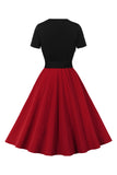 Kwadratowy Dekolt Burgundia Sukienki Lata 50 z Krótki Rękaw