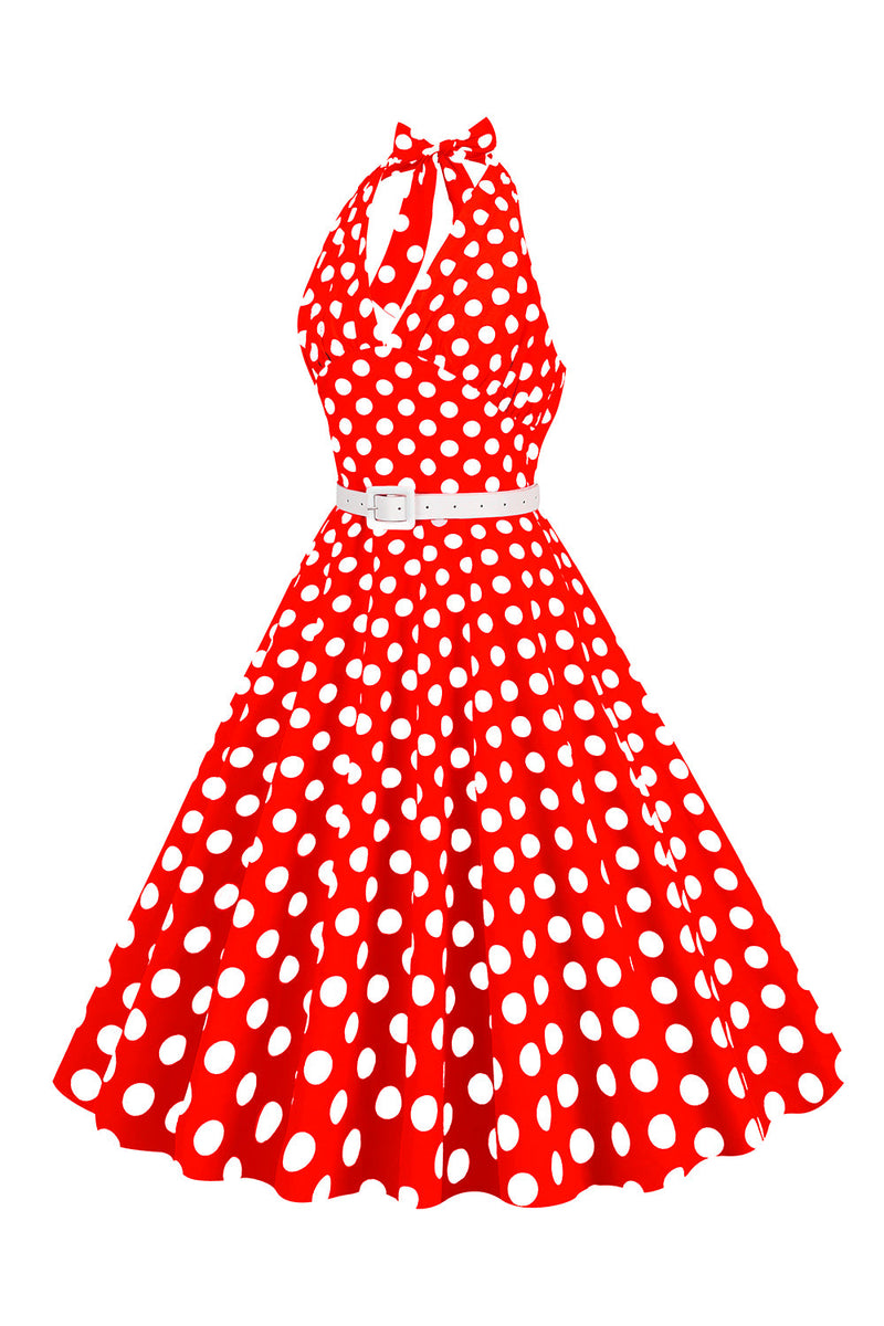Załaduj obraz do przeglądarki galerii, Dekolt Halter Czerwona Sukienki Vintage W Groszki