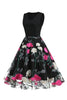 Załaduj obraz do przeglądarki galerii, Fuksja I Czarna Kwiatowy Nadruk Sukienki Lata 50