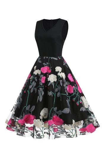 Fuksja I Czarna Kwiatowy Nadruk Sukienki Lata 50