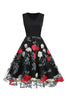 Załaduj obraz do przeglądarki galerii, Fuksja I Czarna Kwiatowy Nadruk Sukienki Lata 50