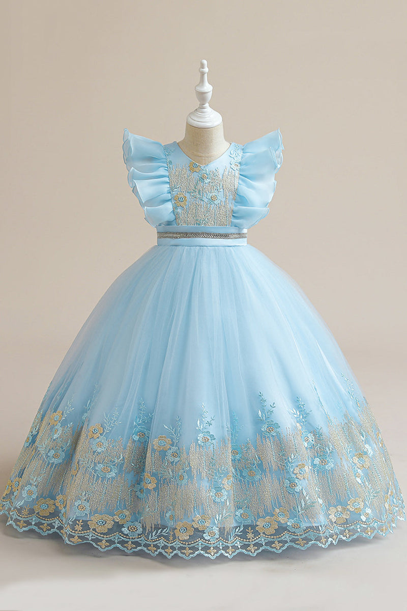 Załaduj obraz do przeglądarki galerii, Niebieska Tiulowa Sukienka Dziewczęca Z Haftem