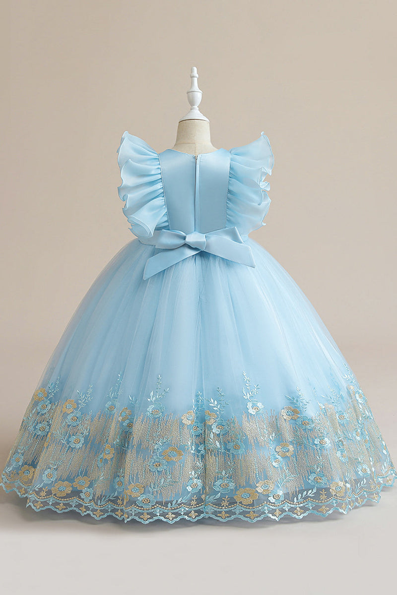 Załaduj obraz do przeglądarki galerii, Niebieska Tiulowa Sukienka Dziewczęca Z Haftem
