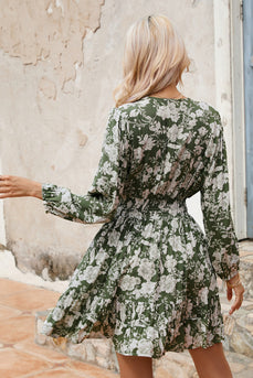 Zielona Sukienki Letnie Z Długim Rękawem W Kwiaty