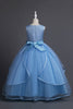 Załaduj obraz do przeglądarki galerii, Niebieski Tiul Z Okrągłym Dekoltem Długa Sukienka Balowa Dla Dziewczynki