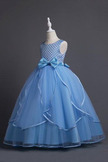 Niebieski Tiul Z Okrągłym Dekoltem Długa Sukienka Balowa Dla Dziewczynki