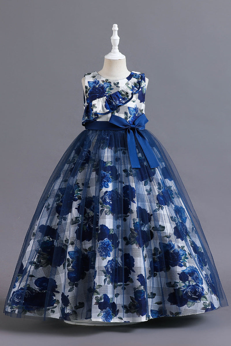 Załaduj obraz do przeglądarki galerii, Niebieski Tiul W Kwiaty Długa Sukienki Dla Dziewczynek Z Marszczeniami