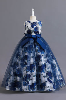 Niebieski Tiul W Kwiaty Długa Sukienki Dla Dziewczynek Z Marszczeniami