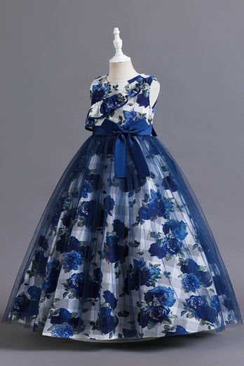 Niebieski Tiul W Kwiaty Długa Sukienki Dla Dziewczynek Z Marszczeniami