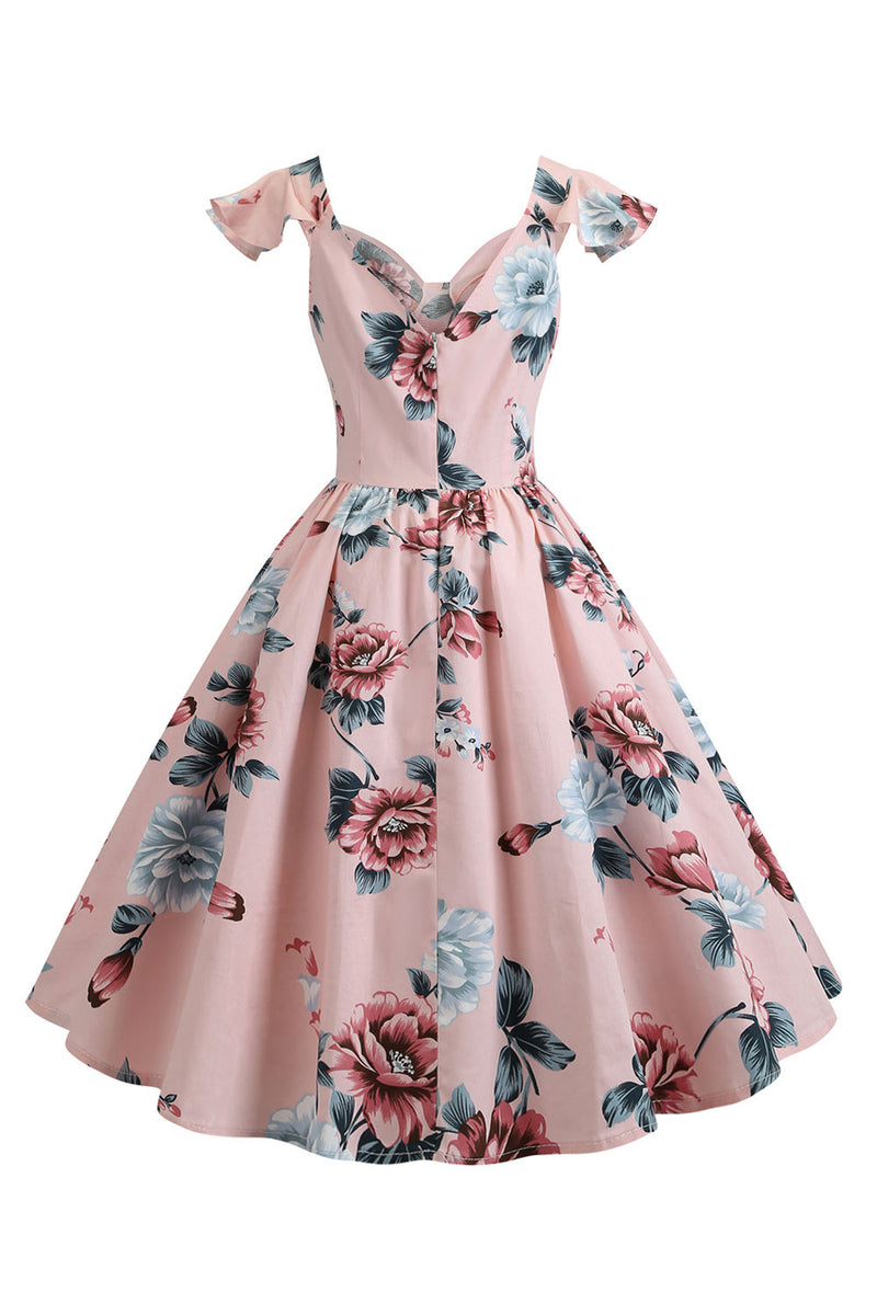 Załaduj obraz do przeglądarki galerii, Różowa Kwiatowy Nadruk Sukienka Lata 50