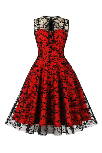Czerwona Koronkowa Sukienki Vintage Bez Rękawów
