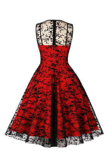 Czerwona Koronkowa Sukienki Vintage Bez Rękawów