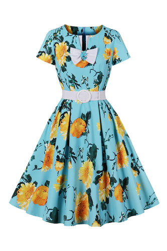 Kwiatowy Nadruk Niebieski Sukienki Vintage z Krótki Rękaw