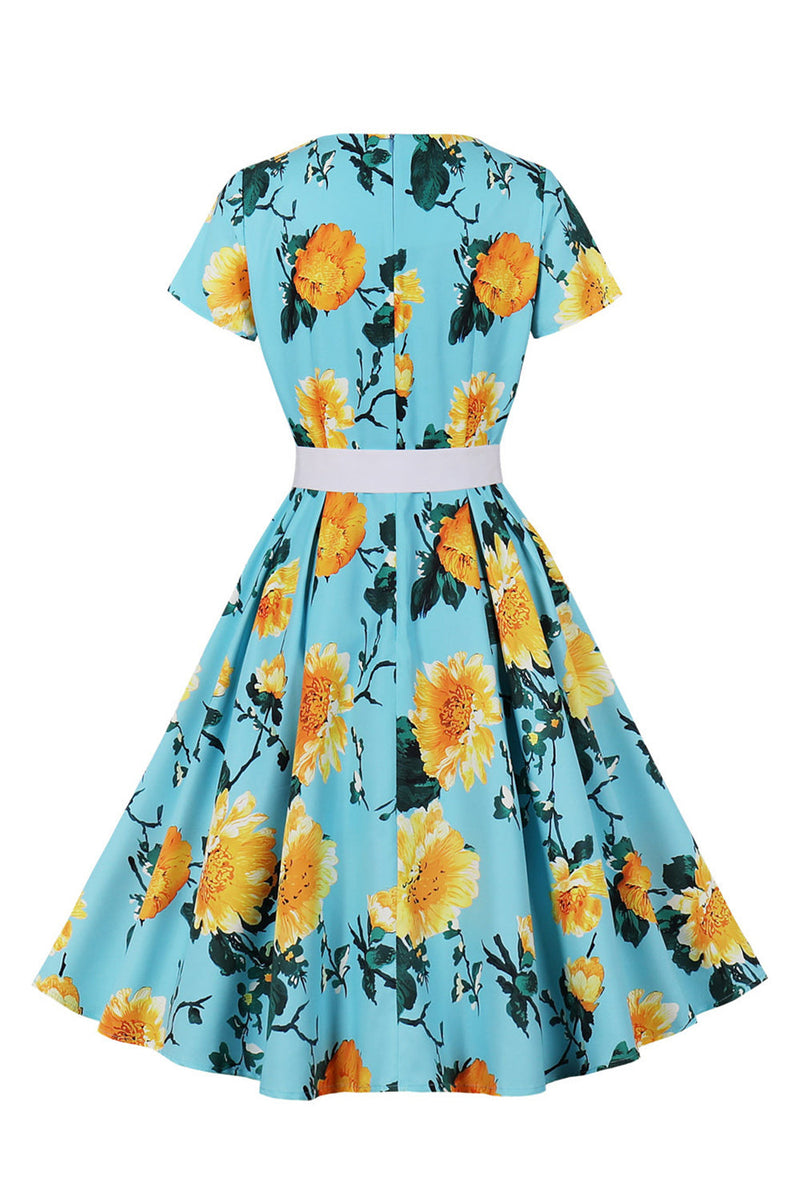 Załaduj obraz do przeglądarki galerii, Kwiatowy Nadruk Niebieski Sukienki Vintage z Krótki Rękaw