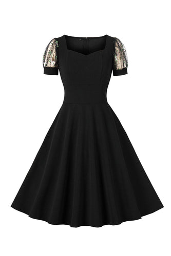 Czarna Sukienka Retro Lata 50 z Krótki Rękaw