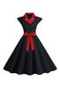 Załaduj obraz do przeglądarki galerii, Dekolt V Czarne Groszki Sukienka Lata 50 z Kokardą