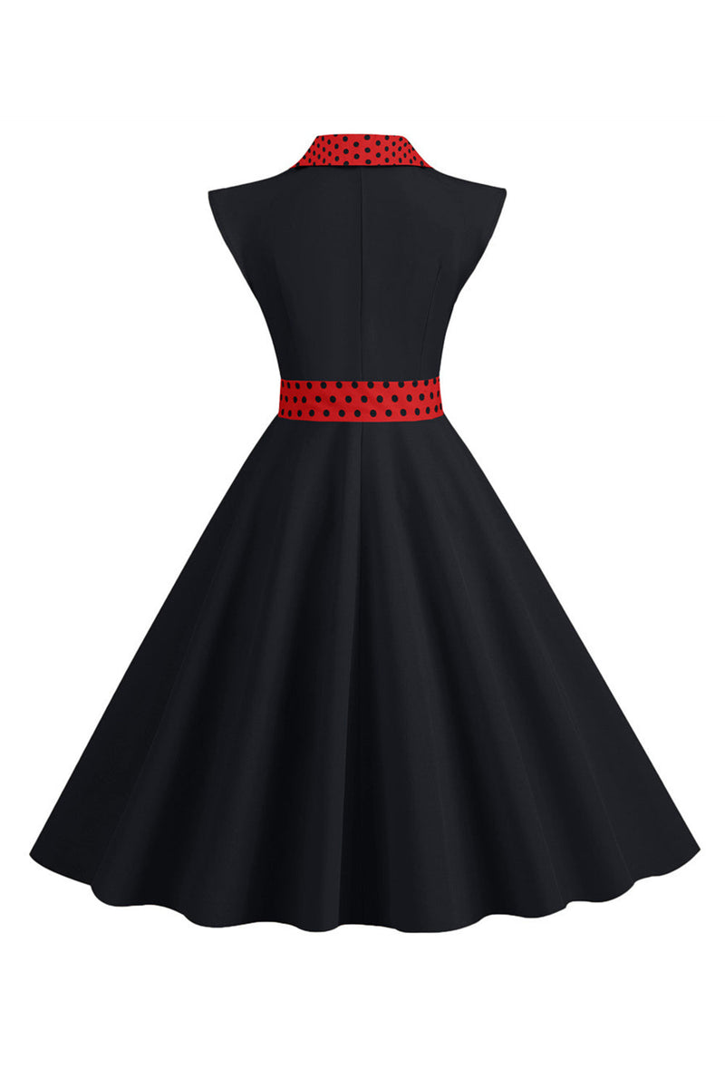Załaduj obraz do przeglądarki galerii, Dekolt V Czarne Groszki Sukienka Lata 50 z Kokardą