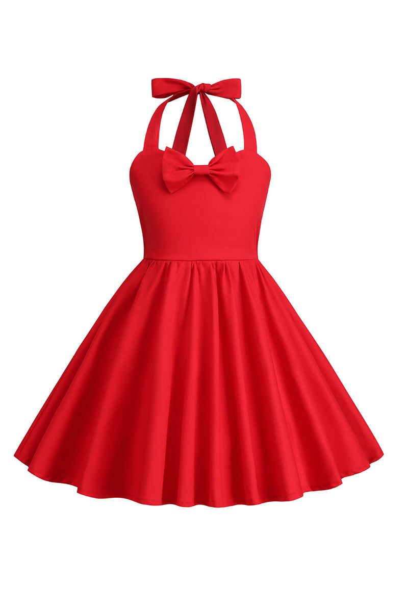 Załaduj obraz do przeglądarki galerii, Wiązana Na Szyi Czerwona Sukienka Vintage Dla Dziewczynek Z Kokardką