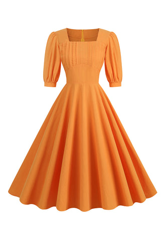 Pomarańczowa Kwadratowy Dekolt Sukienki Vintage z Krótki Rękaw