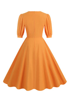 Pomarańczowa Kwadratowy Dekolt Sukienki Vintage z Krótki Rękaw