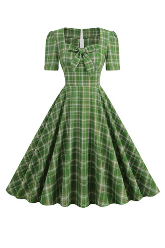 Kwadratowy Dekolt Zielona Sukienka Retro Lata 50 w Kratkę