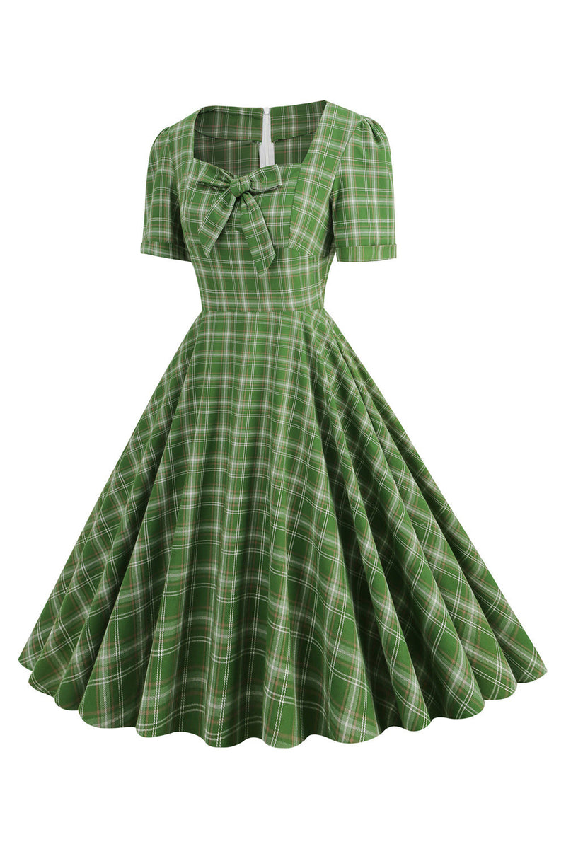 Załaduj obraz do przeglądarki galerii, Kwadratowy Dekolt Zielona Sukienka Retro Lata 50 w Kratkę