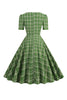 Załaduj obraz do przeglądarki galerii, Kwadratowy Dekolt Zielona Sukienka Retro Lata 50 w Kratkę