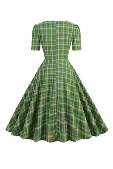 Kwadratowy Dekolt Zielona Sukienka Retro Lata 50 w Kratkę