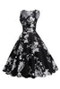 Załaduj obraz do przeglądarki galerii, Czarna Kwiatowy Nadruk Sukienka Retro Lata 50 Bez Rękawów