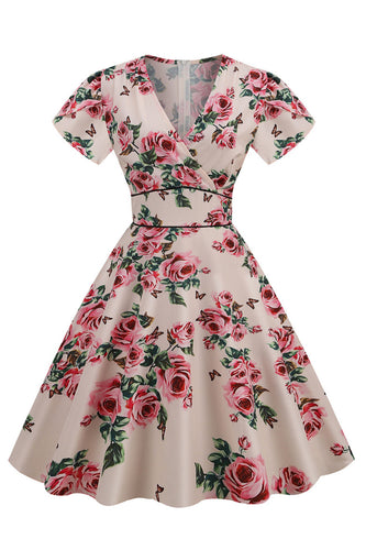 Kwiatowy Nadruk Dekolt V Różowy Sukienki Vintage  z Krótki Rękaw