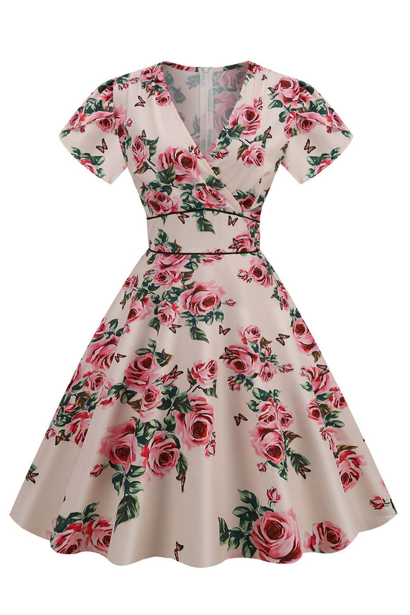 Załaduj obraz do przeglądarki galerii, Kwiatowy Nadruk Dekolt V Różowy Sukienki Vintage  z Krótki Rękaw