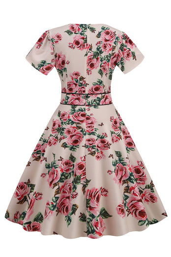 Kwiatowy Nadruk Dekolt V Różowy Sukienki Vintage  z Krótki Rękaw