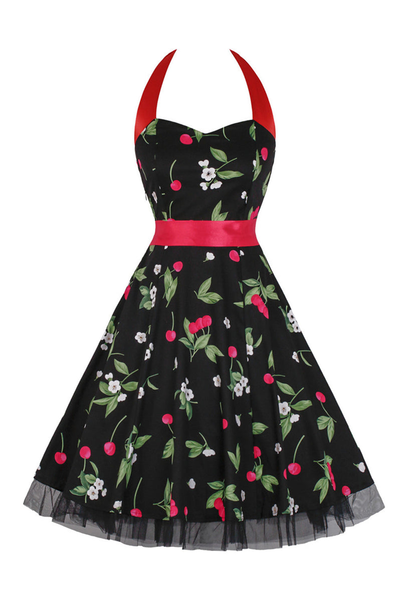 Załaduj obraz do przeglądarki galerii, Hepburn Style Halter Tiul Czarny Drukowana Sukienka Z Lat 50