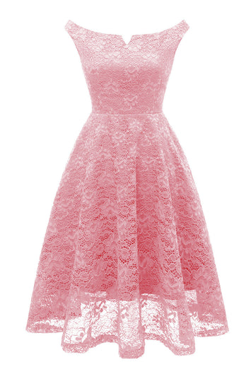 Różowa koronkowa sukienka A Line bez rękawów