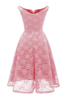 Różowa koronkowa sukienka A Line bez rękawów
