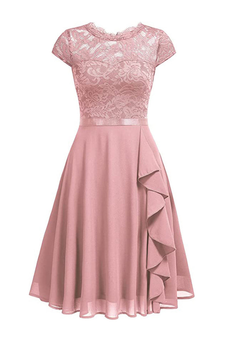 Załaduj obraz do przeglądarki galerii, Różowa koronkowa sukienka A Line z marszczeniami